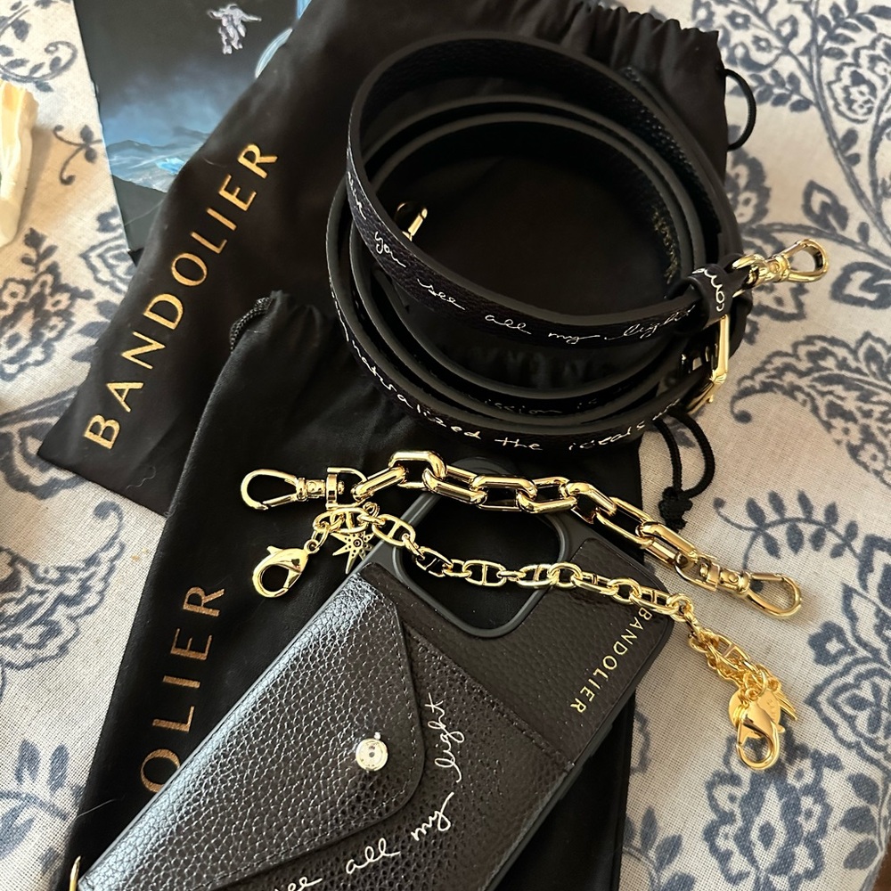 iPhone 14 Pro Max Alanis Morissette Bandolier Black/Gold Phone Case with Strap